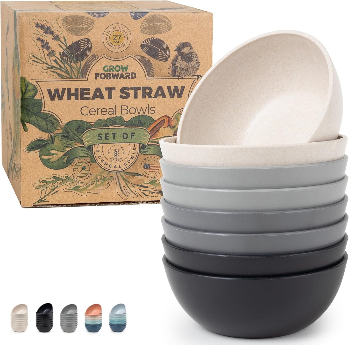 Grow Forward Premium Wheat Straw Bowls - 27oz Microwave Safe Plastic Cereal Bowls Set of 8 for Kitchen, Camping, RV, Dessert, Snack, Soup, Salad, Fruit - Reusable, Unbreakable & BPA Free - Moonlight