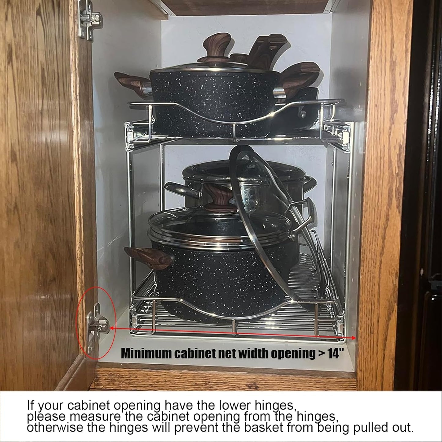 DINDON 2 Tier Pull Out Cabinet Organizer (14" W X 18" D), Double Tier Wire Basket Slide Out Shelf Storage for Kitchen Base Cabinet Organization for Kitchen, Pantry, Bathroom, Chrome