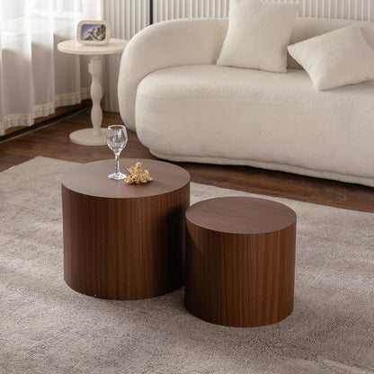 Nesting Round Coffee Table Set of 2, Small Circle Accent End Table for Small Spaces, Morden Drum Side Table, Wooden Center Table for Living Room, Fully Assembled - Dark Walnut