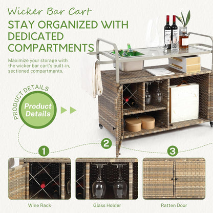 Wicker Outdoor Bar Cart with Ice Bucket, Patio Bar Table with 2 Ratten Doors Cabinet and Casters for Grill, Kitchen and Garden,Beige