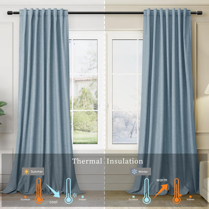 BOODII Blue Black Out Curtains 84 Inch Long for Bedroom Window Room Darkening Full Light Blocking Curtains Back Tab Neutral Elegant Nursery Baby Blackout Curtain Thermal Insulated Linen Drapes 52x84