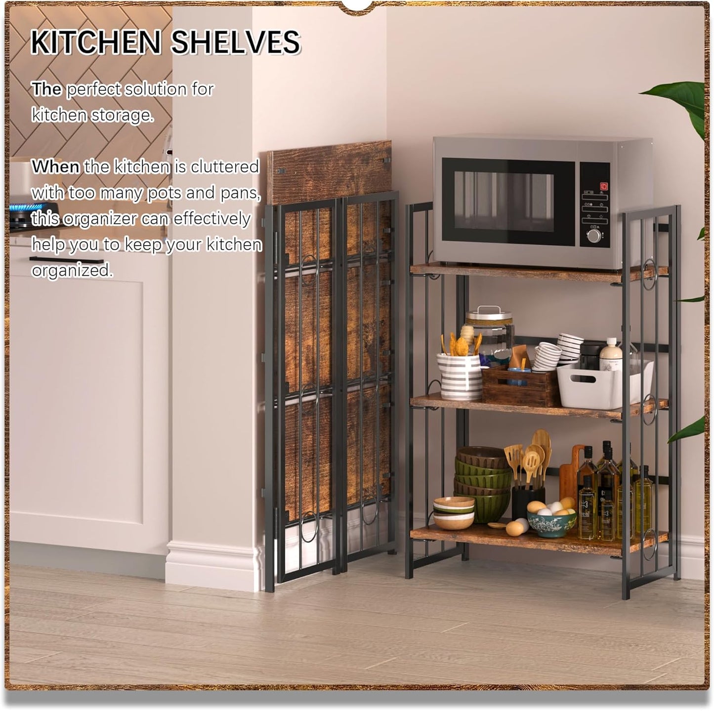 4NM No Assembly 3 Tiers Folding Bookshelf, 35" H Foldable Storage Shelves Vintage Bookcase Standing Racks Study Organizer Home Office - Rustic Brown Black