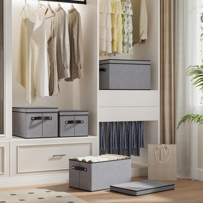 Fabric Storage Boxes, 7.1 x 9.1 x 13 Inch Baskets for Shelves with Lids, Wardrobe Organiser with Handles, Decorative Linen Closet Organizer Bins, Gray, 1 Pack