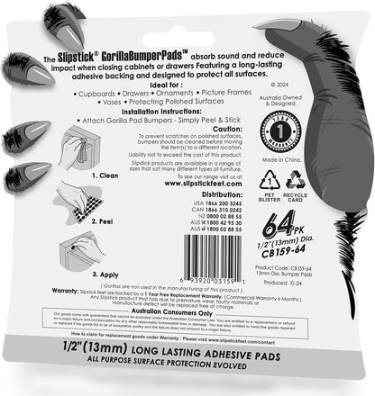 Slipstick GorillaBumperPads Premium 1/2” Rounds Adhesive Non Slip Pads/Bumpers (64 Gripper Dots) Perfect Grips for Small Items/Décor, Cabinet Stoppers, Drawer/Door Bumpers, Glass/Picture Frame Pads