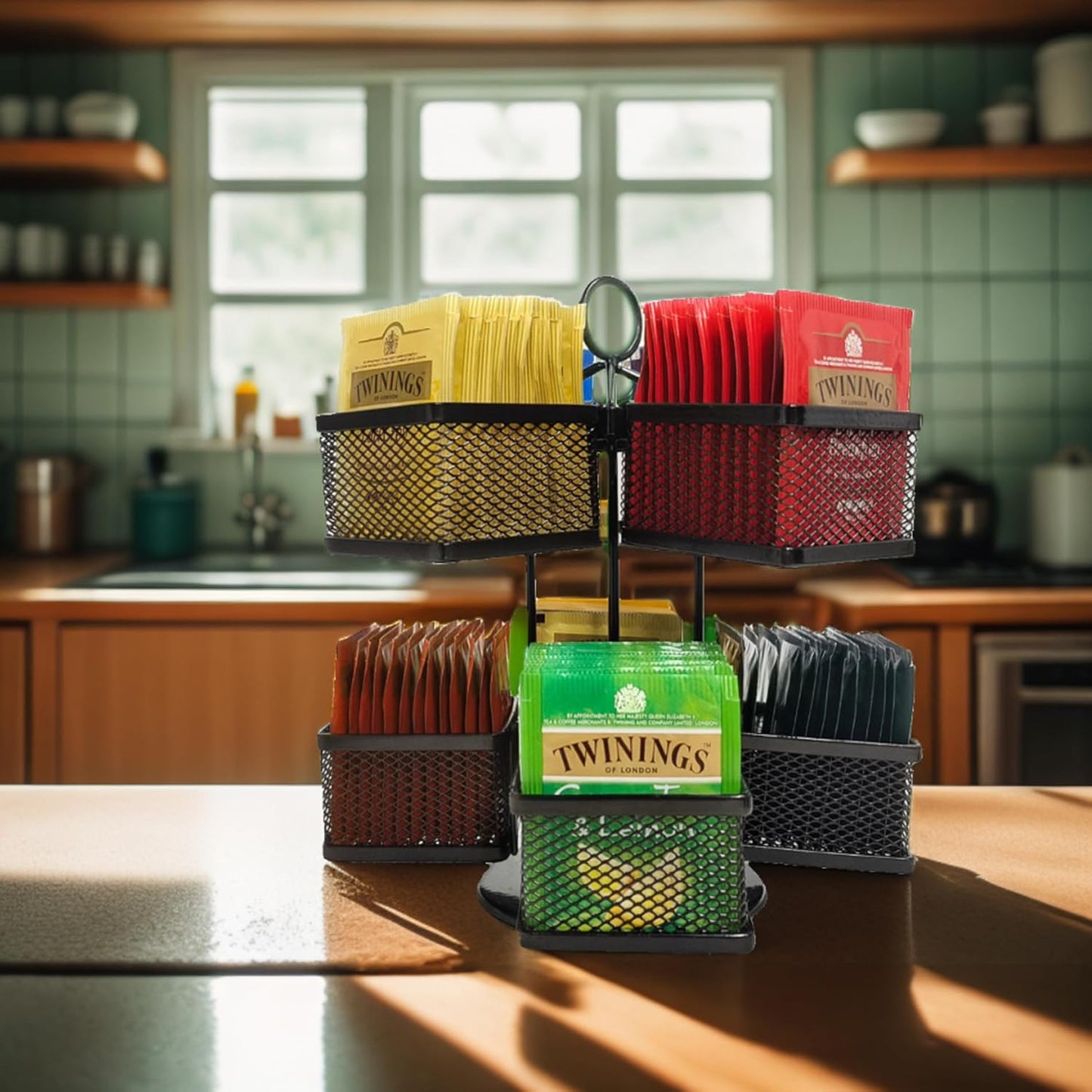 Tea Bag Organizer Coffee Holder Storage Spinning Carousel Basket Black Adjustable Tea Caddy For Kitchen Counter, Countertop, Cabinet