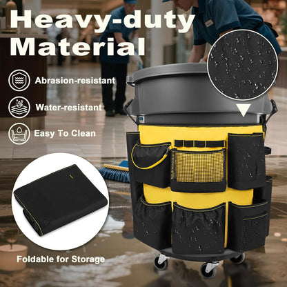 32-55 Gallon Trash Can Caddy Bag, Garbage Bin Apron Caddy with Multiple Pockets for Cleaning Supplies, Cleaning Tool Organizer with Adjustable Buckle for Janitorial Trash Can, Black+Yellow
