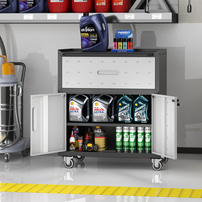 Metal Storage Cabinet with Wheels, Rolling Tool Cabinet with Adjustable Shelve, Locking Garage Storage Cabinet with 1 Drawer and 2 Doors for Tools, Assembly Required (Black/Grey)