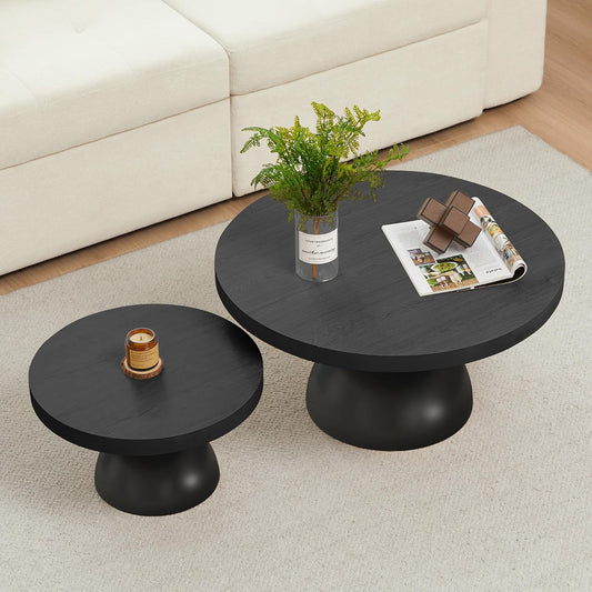 Solid Wood Round Nesting Coffee Table Set of 2, Circle Accent Tables with Unique Semi-Circular Legs, Mid Century Modern Side End Table Set for Small Space Living Room Office (Black)