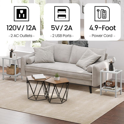 TUTOTAK End Table with Charging Station, Small Side Table with Outlets, Nightstand Bedside Table, 2-Tier Storage Shelf for Small Space, Living Room, Bedroom, Marble White TB01BMW040