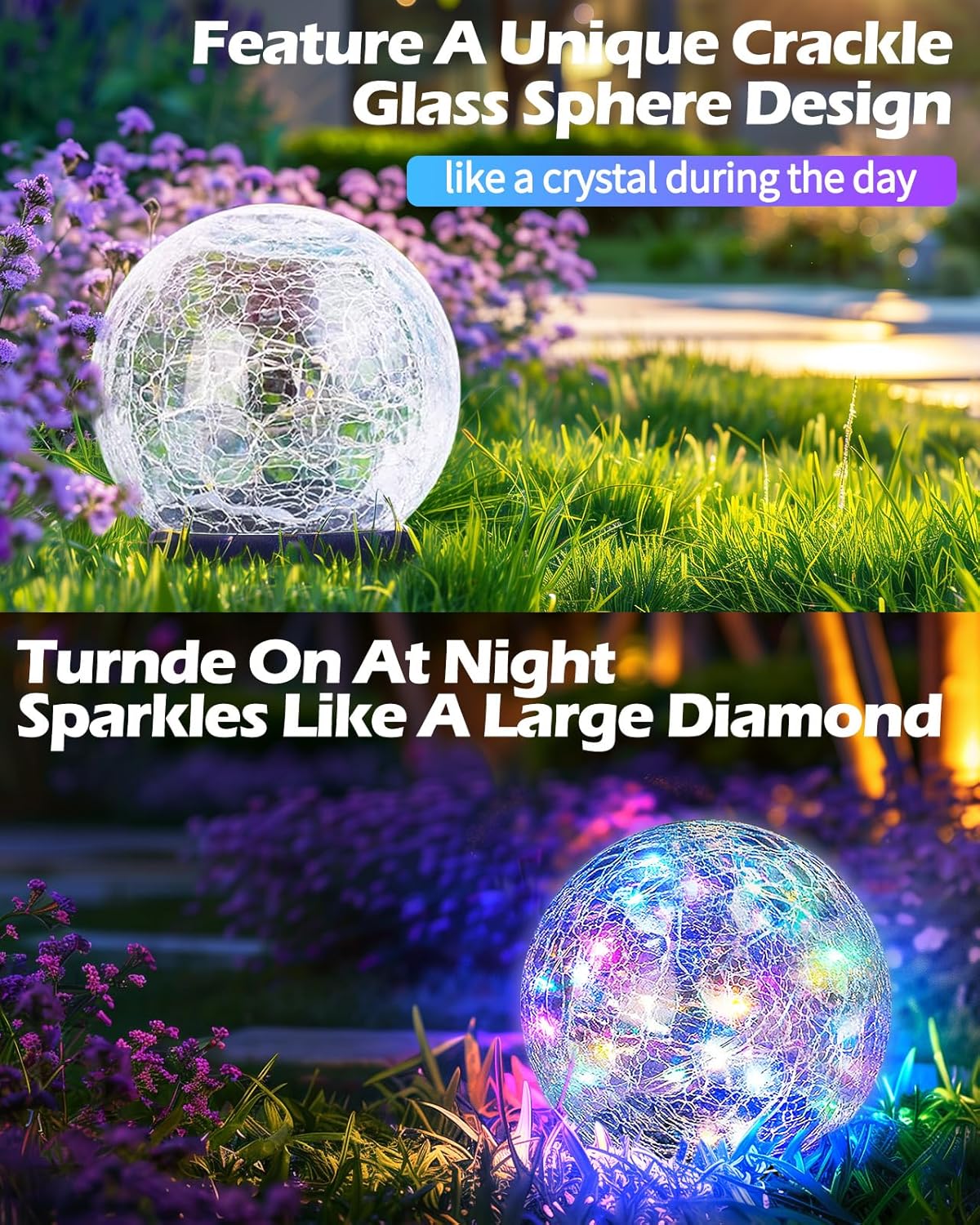 Garden Solar Ball Lights Outdoor Waterproof, 50 LED Cracked Glass Globe Solar Power Ground Lights for Path Yard Patio Lawn, Outdoor Decoration Landscape Colorful(2 Pack 4.7'')