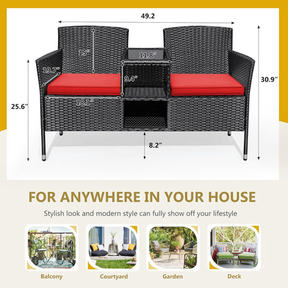 Flamaker Outdoor Furniture Patio Loveseat Wicker 2-Seat with Built-in Table and Cushions Rattan Porch Chairs Bench for Balcony, Lawn, Backyard (Red)
