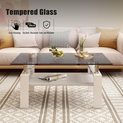 Glass Coffee Table Rectangle Living Room Center Table, with Gray Tempered Glass Tabletop and White MDF Layer,for Living Room and Office, Gray+White
