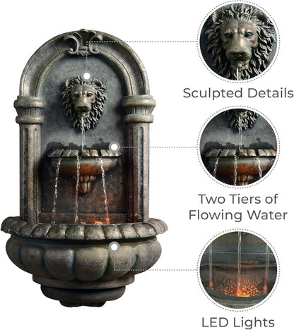 Teamson Home 32.1 in. Wall-Mounted Lion Head Stone LED Outdoor Water Fountain for Gardens, Landscaping, Patios, Balconies, Lawns to Create a Calming Oasis in Outdoor Living Spaces, Antique Bronze