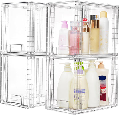 Vtopmart 4 Pack Clear Stackable Storage Drawers,9.7" High Plastic Organizers Bins for Skincare, Bathroom Supplies,Ideal for Cabinet,Undersink,Vanity,Kitchen,Pantry Organization