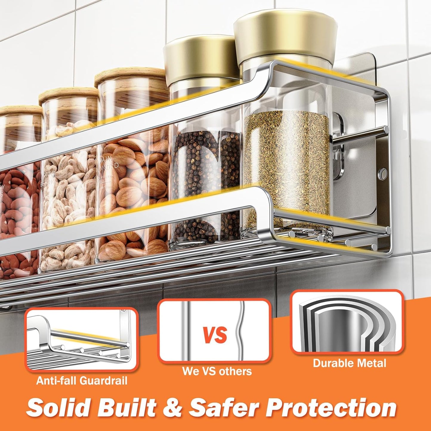 Spice Rack wall mounted 4 Pack, Space-Saving Spice Organizer for Spice Jars and Seasonings,Screw or Adhesive Hanging Spice Rack Organizer for Your Kitchen Cabinet,or Pantry Door,Chrome