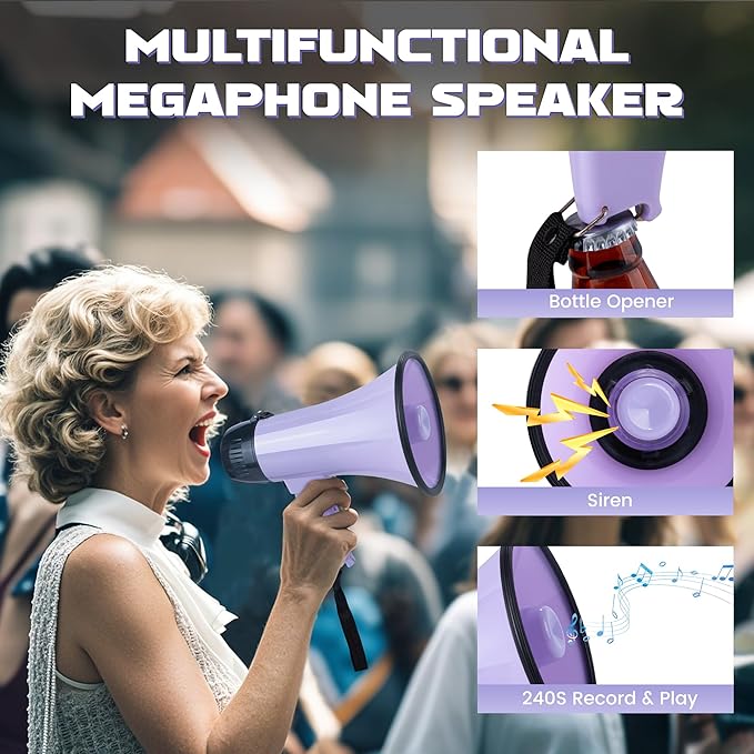 MyMealivos Portable Megaphone Bullhorn 20 Watt Power Megaphone Speaker Voice and Siren/Alarm Modes with Volume Control and Strap (Purple)