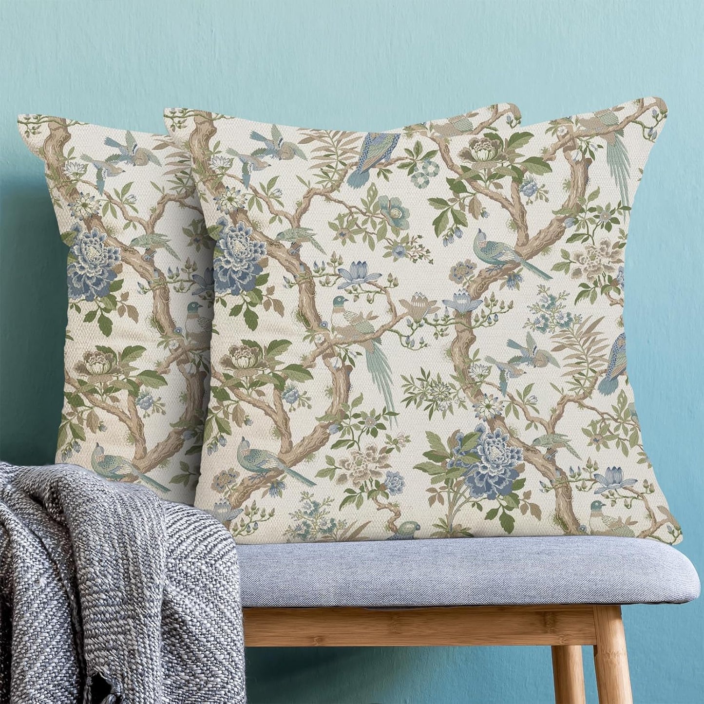CXMEIFLY Chinoiserie Spring Pillow Covers 18 x 18 Inch Set of 2 for Blue Sage Green Vintage Flowers Bird Decor Throw Pillows Plant Farmhouse Outdoor Decorative Cushion Cases for Couch Bed Decorations