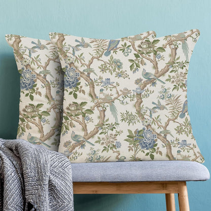 CXMEIFLY Chinoiserie Spring Pillow Covers 18 x 18 Inch Set of 2 for Blue Sage Green Vintage Flowers Bird Decor Throw Pillows Plant Farmhouse Outdoor Decorative Cushion Cases for Couch Bed Decorations