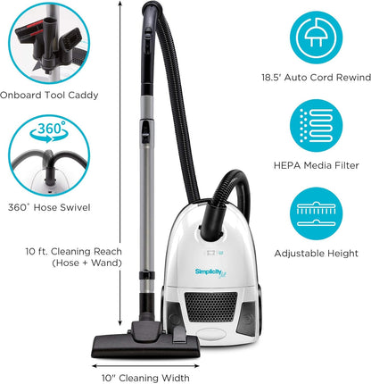 Simplicity Vacuums Jill Compact Canister Vacuum Cleaner with Pet Tool Fur Remover, Bagged Vacuum with Certified HEPA Filtration for Hard Floors and Rugs, Stair Vacuum