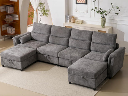 132'' Oversized Modular Sectional Sofa, U Shaped Comfy Sectional Couch with Large Storage, 6 Seat Chenille Deep Seat Cloud Sofa with 2 Throw Pillows for Living Room,Grey