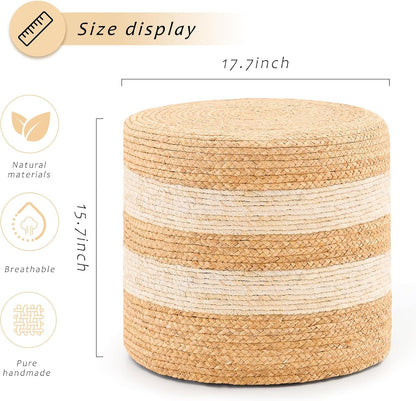 Handwoven Ottoman Pouf, Natural Water Hyacinth Footstool, Round Braided Outdoor Seat with Sturdy Frame, Boho Accent Stool for Patio, Balcony, or Garden (White)