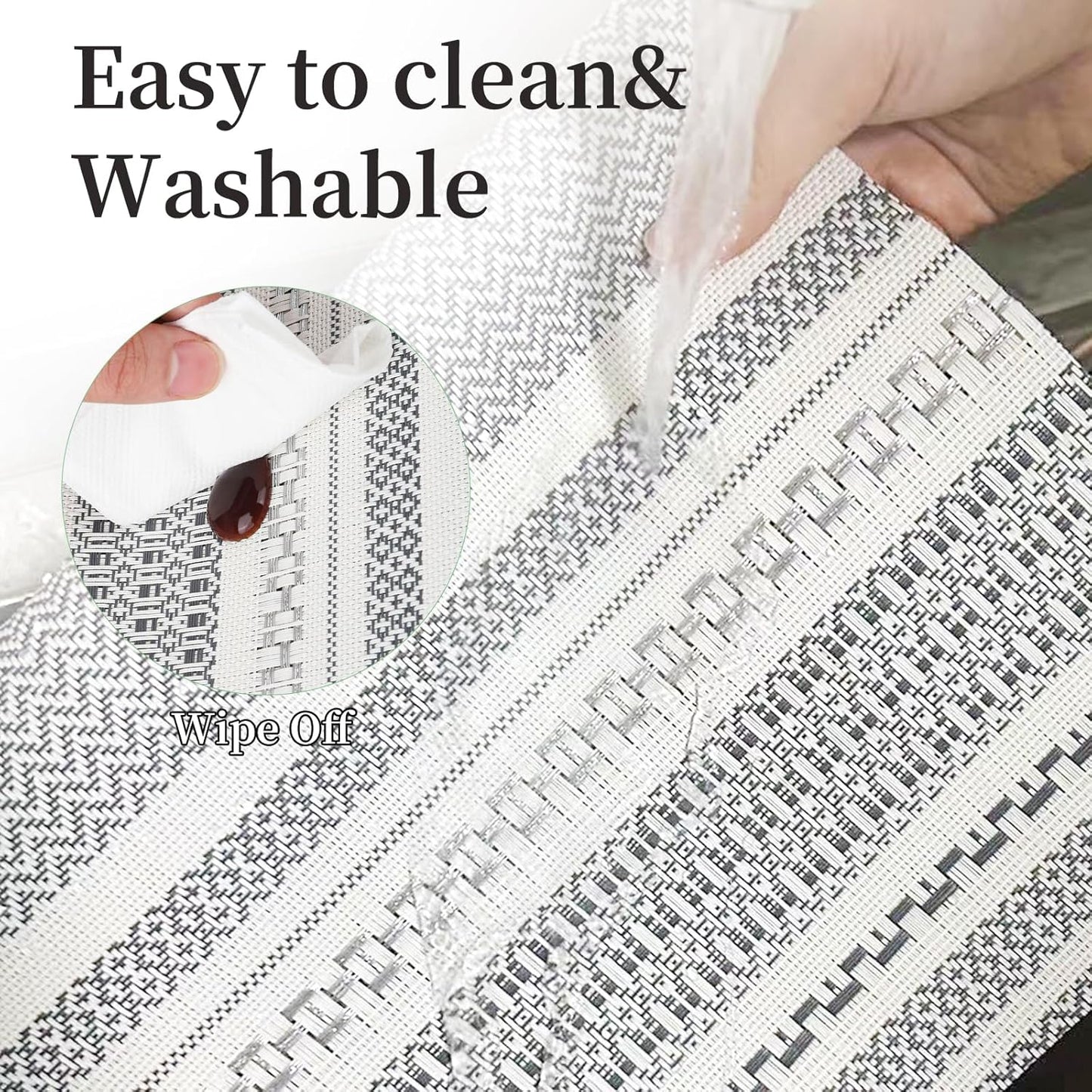 Vinyl Plastic Placemats Set of 6 Washable Heat Resistant Non-Slip Elegant Indoor Outdoor Kitchen Dining PVC Woven Table Place Mats (Dark Grey Striped Silver Wire)