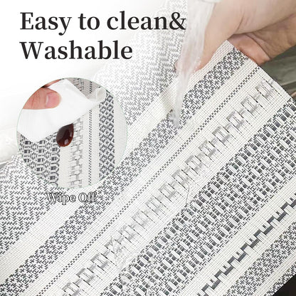 Vinyl Plastic Placemats Set of 6 Washable Heat Resistant Non-Slip Elegant Indoor Outdoor Kitchen Dining PVC Woven Table Place Mats (Dark Grey Striped Silver Wire)