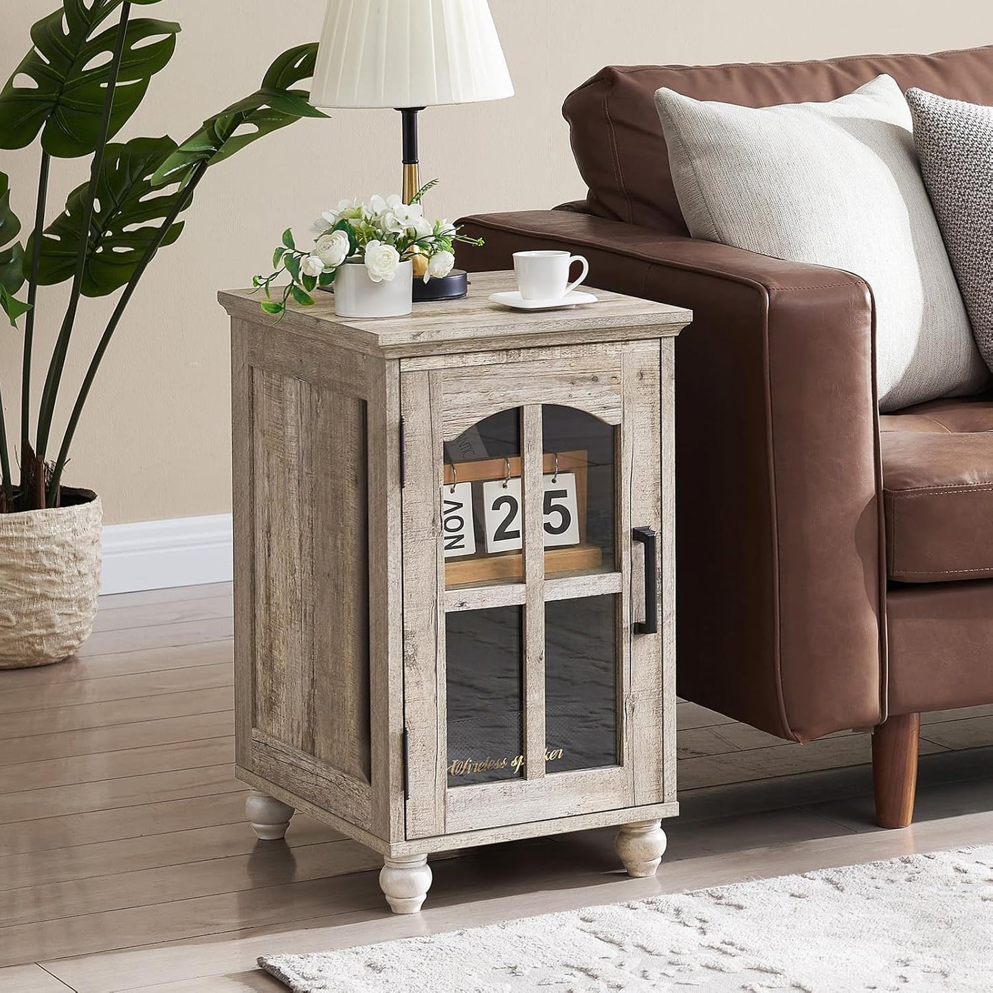 Narrow Side Table,Farmhouse Nightstand with Charging Station,Wood End Table with Glass Barn Door Storage, Cabinet Organizer with Adjustable Shelf, Night Stand for Small Spaces for Living Room Bedroom