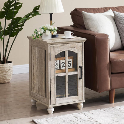 Narrow Side Table,Farmhouse Nightstand with Charging Station,Wood End Table with Glass Barn Door Storage, Cabinet Organizer with Adjustable Shelf, Night Stand for Small Spaces for Living Room Bedroom