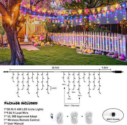 JMEXSUSS 400 LED 38.8 FT Easter Lights String Outdoor, Connectable Pastel Icicle Lights Indoor Outdoor for Easter Spring House Garden Party Decorations