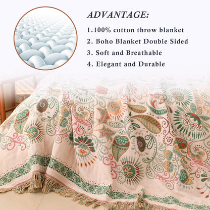 Snycler Cotton Bed Throw with Tassels, Double-Sided Bohemian Spring Flowers Plants Throws for Sofas, 60x80 inch Woven Warm Blanket for Single Sofa, Bedspread and Settee Couch Travel Green