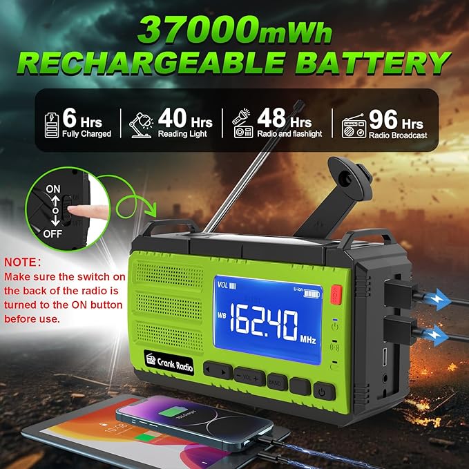 Emergency Weather Radio, Solar Hand Crank Radio AM/FM NOAA 37000mWh, Weather Alert Radio with 3 Mode Flashlight, Reading Lamp, SOS Alarm, Compass, Headphone Jack for Home Camping Emergency (Green)