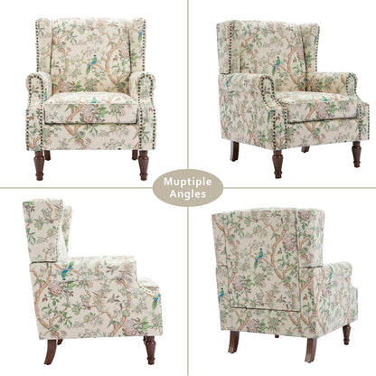 Lumibee Wingback Accent Chair, 2 Set High Back Floral Armchairs in Fabric,Comfy Upholstered Reading Single Sofa Chairs with Solid Wood Legs for Living Room,Bedroom,Office-Bird