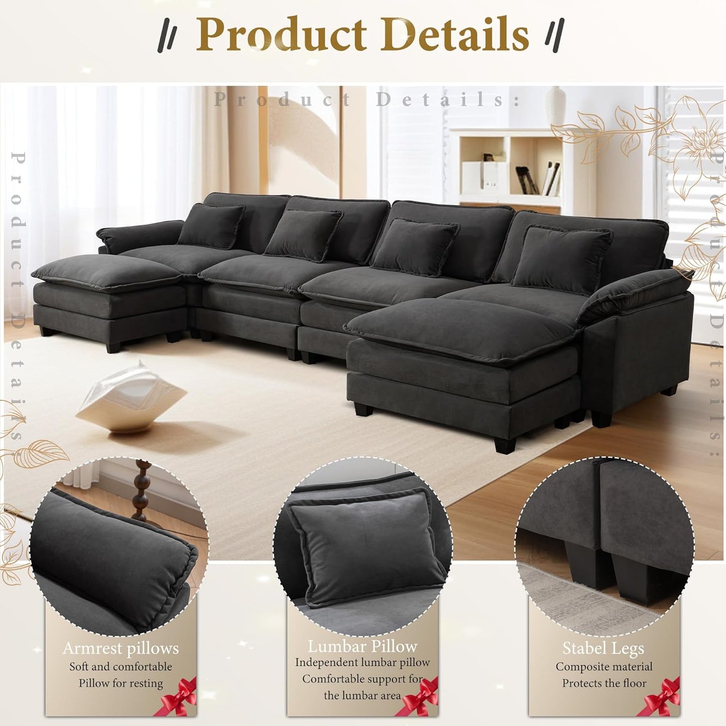 URRED Modular Sectional Sofa Comfy Cloud Couch, Modern Velvet Sofa Sleeper Deep Seat Couches with Ottoman/Pillows for Living Room (Dark Gray, 154'' - U Shape)