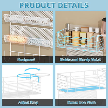 VITVITI Metal Hair Tool Organizer Wall Mount, Hair Dryer Holder with 4 Tier Shelf Basket Hooks, Bathroom Hairs Styling Tool Organizer for Curling Iron/Blow Dryer/Straightener, White