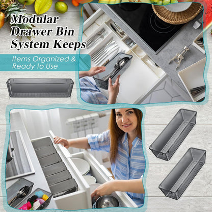 Maitys 12 Pcs Vanity Drawer Organizer 9 x 3 x 2 Inches Clear Plastic Utensil Organizers Kitchen Drawers Dividers for Office Desk Silverware Kitchen Utensils Cosmetics and Bathrooms(Black)