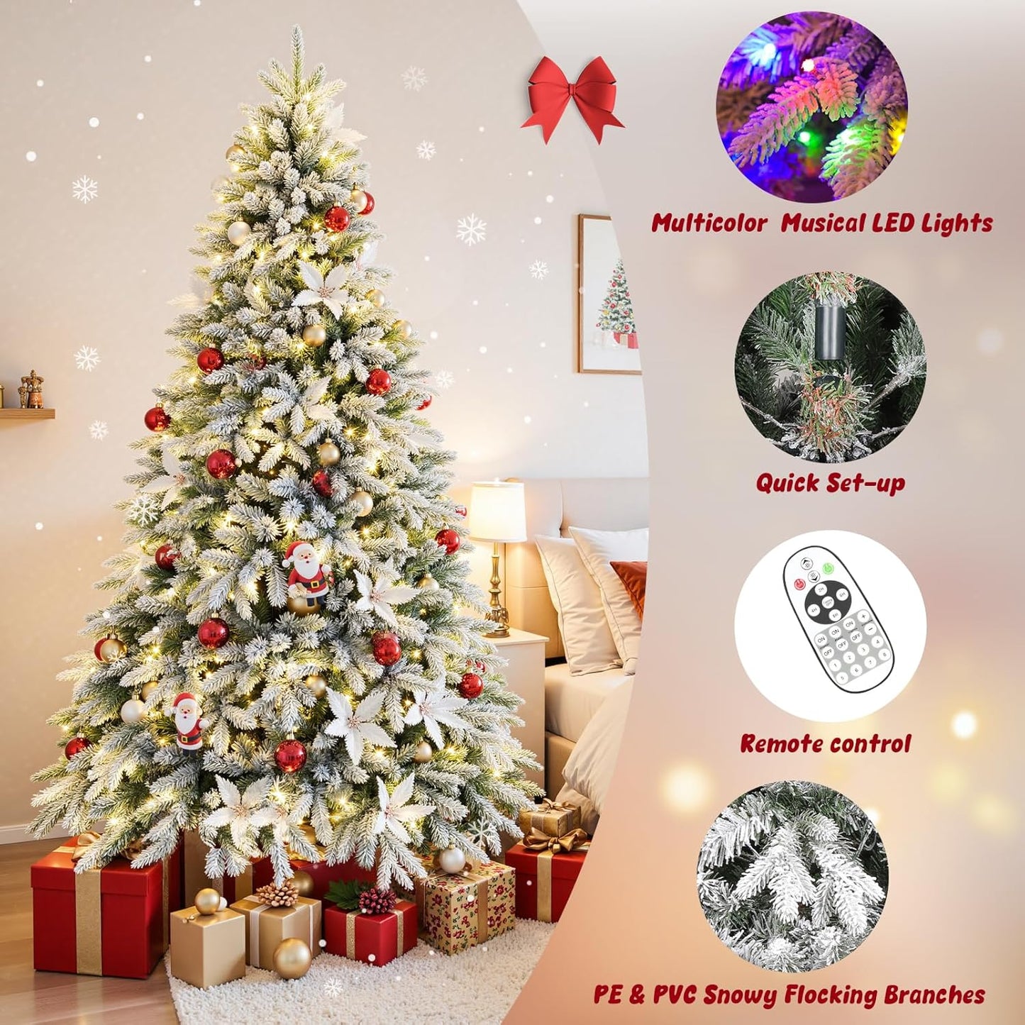 6.5FT Rotating Christmas Tree with Remote, Pre-Lit Artificial Green PE & PVC Xmas Tree, Multicolor LED Lights with Music & Flash Modes, Deluxe Holiday Home Decor