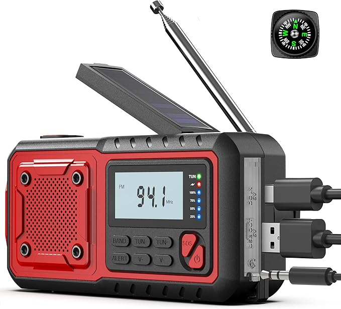 Crank Emergency Radio 5000mAh, Weather Radio, Solar Radios Battery Operated, NOAA/AM/FM Weather Alert Radios with Power Phone Charger, SOS Alarm, Flashlight & Reading Lamp Indoor Outdoor (red)