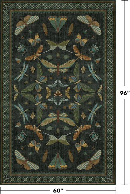 Black and Green Rug 5x8 for Living Room - Dark Moody Rugs for Dining Room Table, Playroom, Home Office, Insect Floral Moth Décor, Washable Non Skid Foldable
