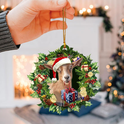 Talataca Goat Wearing A Christmas Hat Wreath Farm Lover 2D Flat Car Rear View Mirror Accessories Christmas Tree Ornament Decoration Hanging Charm Interior Rearview Pendant Decor Gift