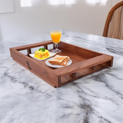 Acacia Wood Serving Tray with Handles – 15x10x2 Inch Decorative Tray for Breakfast in Bed, Dinner, Appetizers, Coffee Table, BBQ, Patio & Party – Perfect for Lap & Couch Use