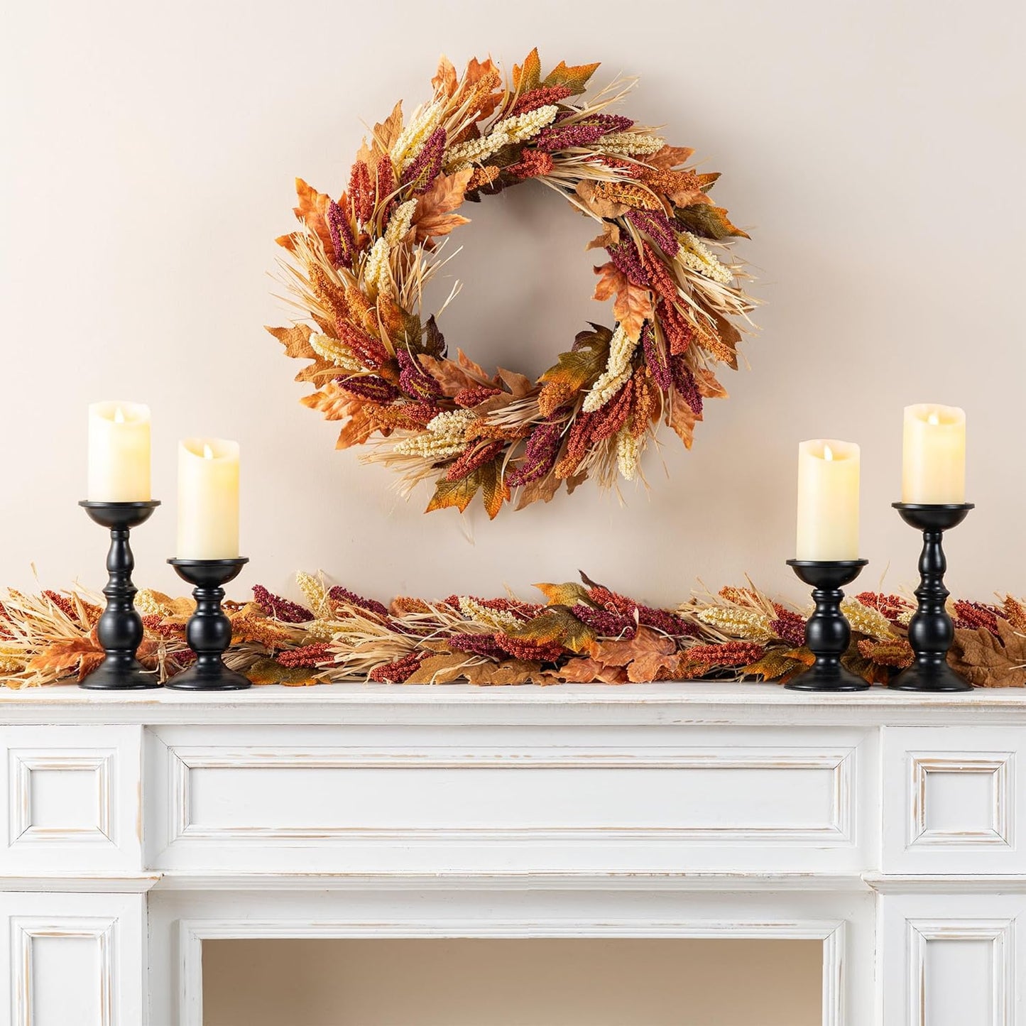 Glitzhome 24" D Fall Sorghum Wreath with Metal Hanger, Harvest Wreath for Front Door, Fall Door Wreaths for Indoor Outdoor Thanksgiving Harvest Holiday Decorations