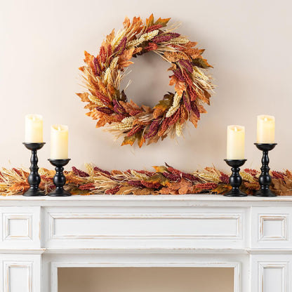 Glitzhome 24" D Fall Sorghum Wreath with Metal Hanger, Harvest Wreath for Front Door, Fall Door Wreaths for Indoor Outdoor Thanksgiving Harvest Holiday Decorations