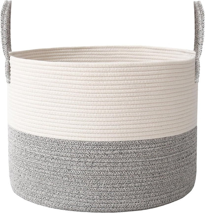 Woven Blanket Basket,65L Large Rope Storage Bin with Handles, Organizer for Blankets Toys Book and Clothes, Laundry Basket for Living Room Bedroom Nursery,White&Grey