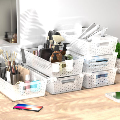 Simple Houseware Stackable Plastic Woven Basket Organizer, 6 Pack, 14.5" x 8.5" x 3.5", Clear