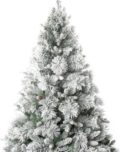 Glasgow 7.5ft Frosted Prelit Artificial Christmas Tree with Pine Cones, Foot Pedal, 1556 Branch Tips, 750 Warm Lights & Metal Stand, 61" Wide Realistic Pine Snow Flocked Christmas Tree with Lights