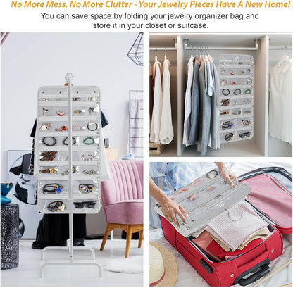 Freegrace Hanging Jewelry Organizer Revolving Hanger - Secure Zipper Closure - 25 Pockets,23 Hooks - Foldable Storage & Display Solution - For All Jewelry & Bijoux (Gray)