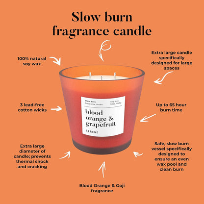 Hidden Label Large Scented Candle, Blood Orange & Grapefruit, 30oz 3 Wick Huge Candle, Serene Collection Slow Burn Natural Soy Candles for Home Scented