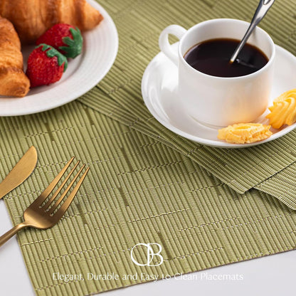 Placemats Set of 12 - Easy Clean Woven Vinyl Placemats for Dining Table, Indoor/Outdoor Place Mats, Washable PVC Table Mats （Pea Green）