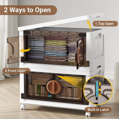 BROVIEW 480Qt Lockable Stackable Storage Bins with Lids, Closet Organizers and Storage Drawer, Collapsible Storage Bin with Wheels, Plastic Cabinet for Toy Clothes Dorm Organizer, V9 4 Pack Brown